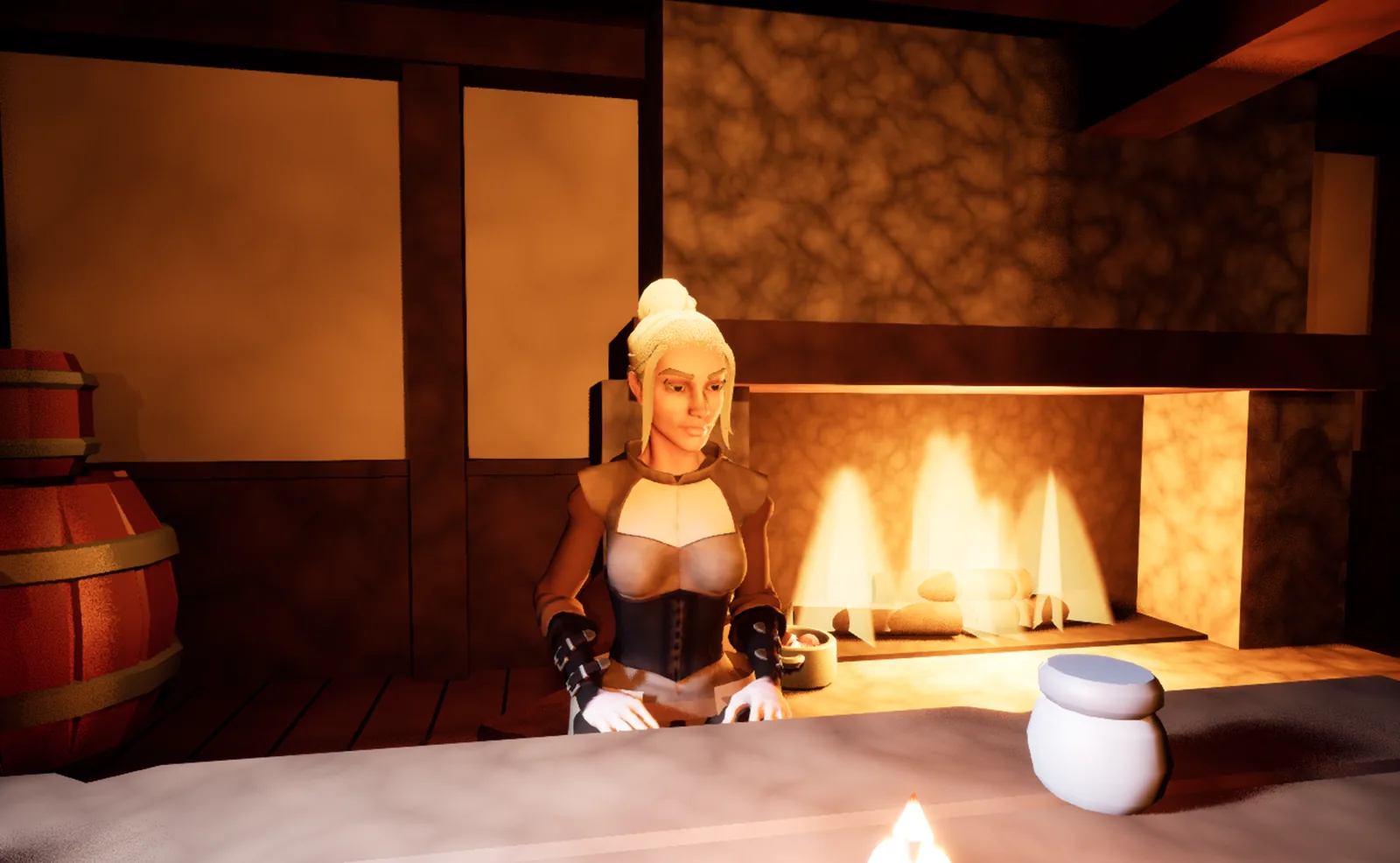 Meris seated by the hearth