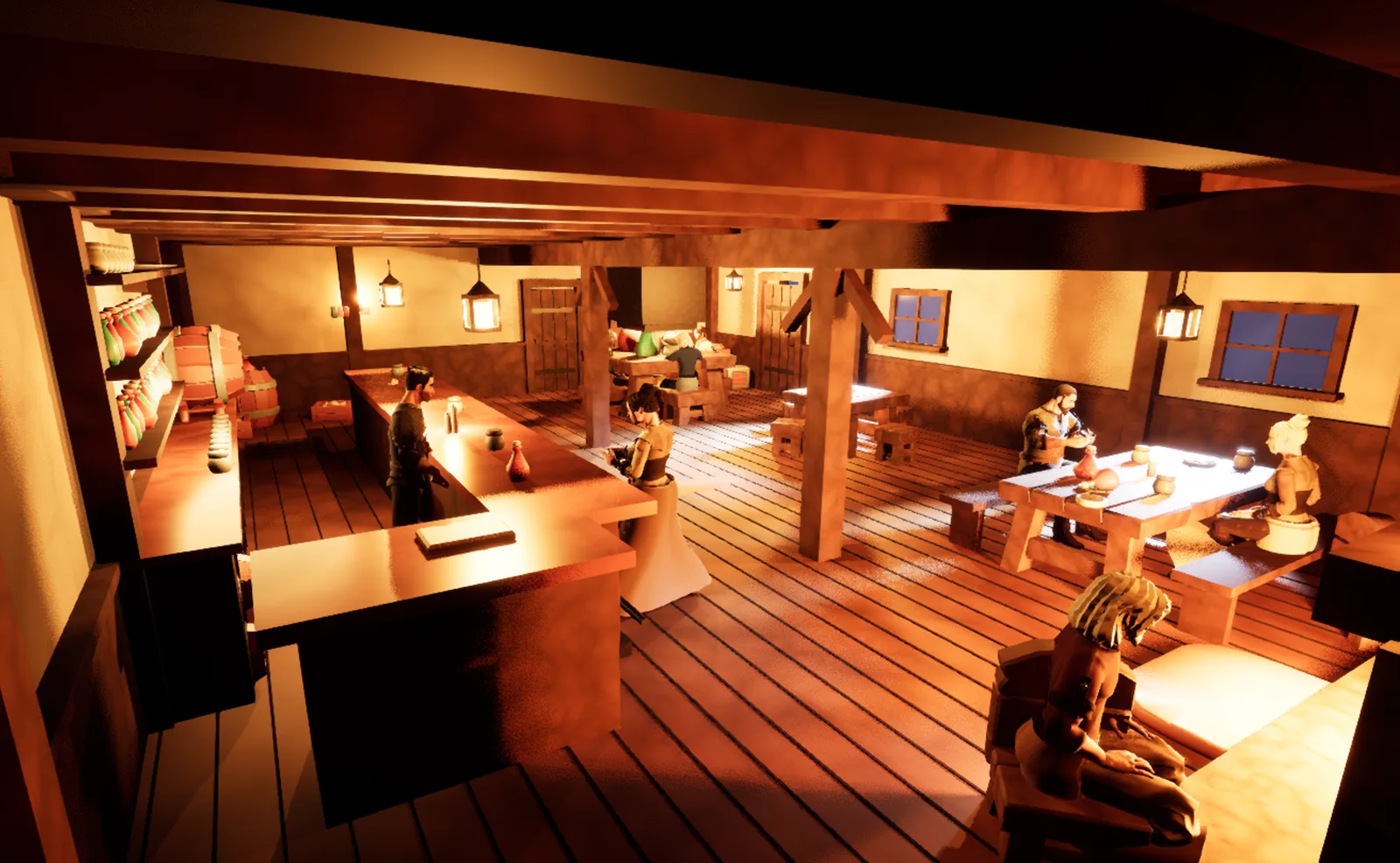 The whole Salt Barrel on an evening: the bar, the tables and people seated by the fire