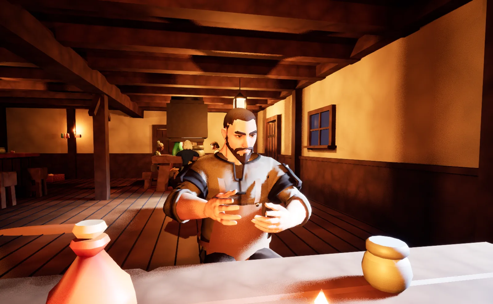 Torven the blacksmith across a table, talking and gesturing